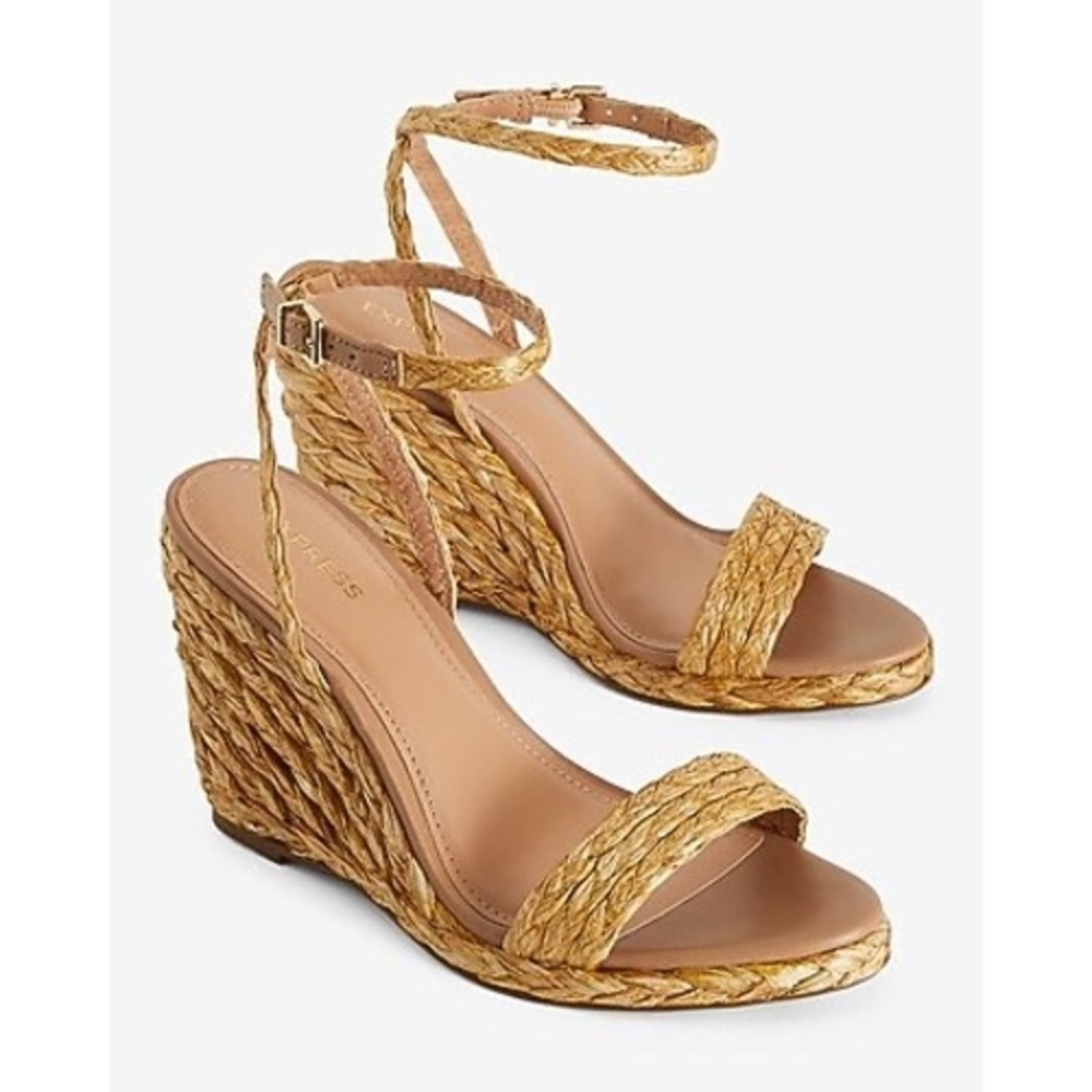 Express Women Woven Straw Wedge Sandals Tan Braided Ankle Strap Size 7